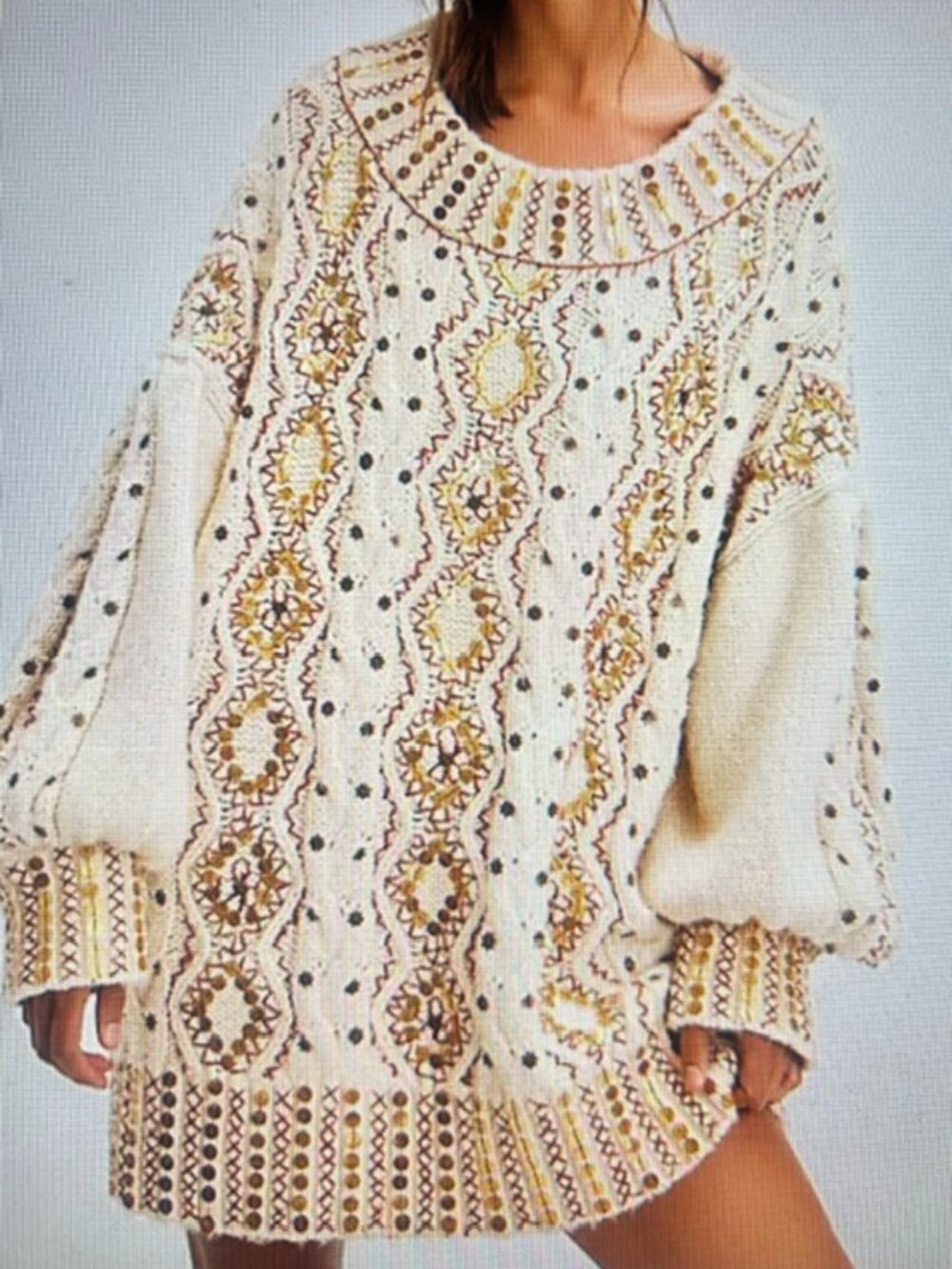 Free People Gold Sequin Gilded Cable Knit Oversized Embellished Rib Sweater NEW